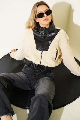 Pazarium - Deri Garnili Fermuarlı Mont Siyah