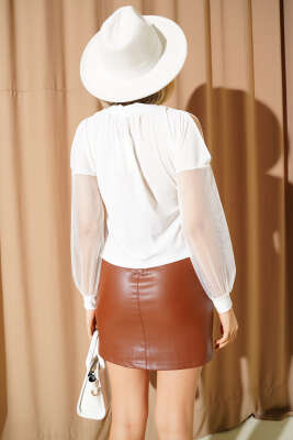 Kolları Tüllü Sandy Bluz Ekru - Thumbnail