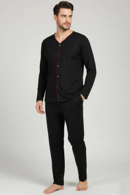 Pazarium - Düğmeli Büyük Beden İnterlok Erkek Pijama Takım Siyah