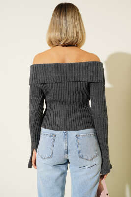 Kol Yırtmaçlı Triko Hırka Füme - Thumbnail