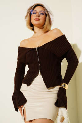 Pazarium - Kol Yırtmaçlı Triko Hırka Kahve