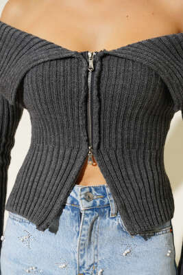 Kol Yırtmaçlı Triko Hırka Füme - Thumbnail