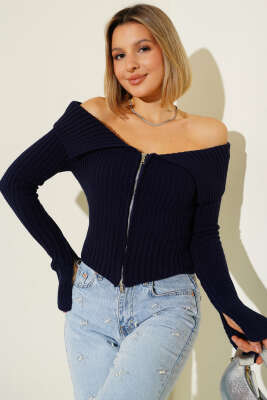 Pazarium - Kol Yırtmaçlı Triko Hırka Lacivert