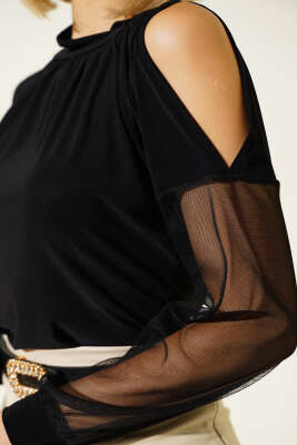 Kolları Tüllü Sandy Bluz Siyah - Thumbnail