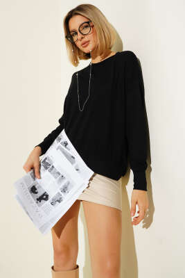 Pazarium - Bisiklet Yaka Merserize Kazak Siyah