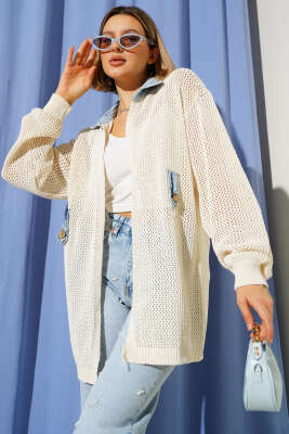 Yakası Kot Örgülü Hırka Bej - Thumbnail