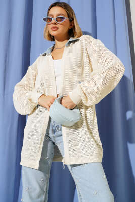 Yakası Kot Örgülü Hırka Bej - Thumbnail