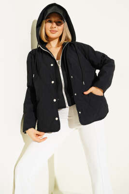 Pazarium - Kapüşonlu Fermuarlı Ceket Siyah