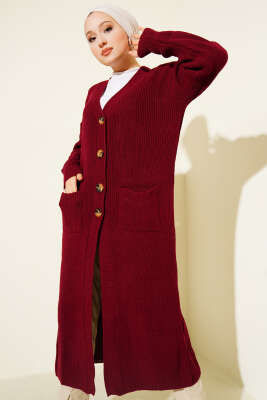 Pazarium - Düğmeli Cepli Uzun Triko Hırka Bordo