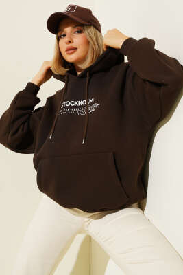 Kapüşonlu Stockholm Baskılı Sweatshirt Kahve - Thumbnail