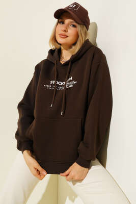 Kapüşonlu Stockholm Baskılı Sweatshirt Kahve - Thumbnail