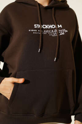 Kapüşonlu Stockholm Baskılı Sweatshirt Kahve - Thumbnail