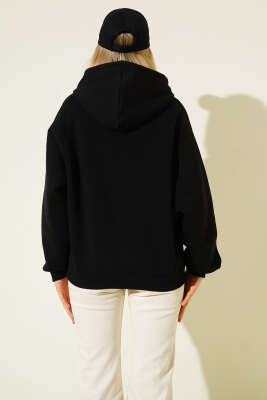 Kapüşonlu Stockholm Baskılı Sweatshirt Siyah - Thumbnail