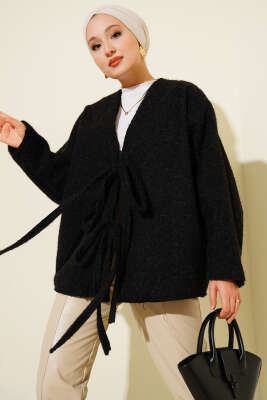Pazarium - 	 Önü Bağlamalı Kaşe Kimono Siyah