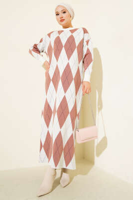 Pazarium - Çizgili Baklava Desenli Triko Elbise Gül Kurusu