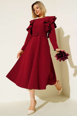 Omuz Volanlı Kemerli Elbise Bordo - Thumbnail