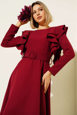 Omuz Volanlı Kemerli Elbise Bordo - Thumbnail