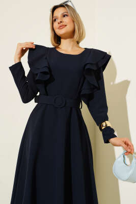 Omuz Volanlı Kemerli Elbise Lacivert - Thumbnail