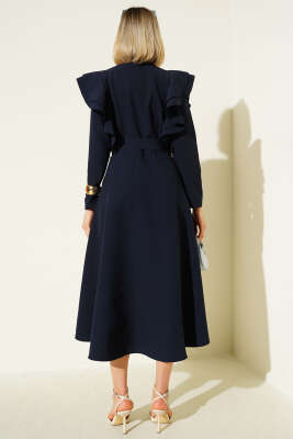 Omuz Volanlı Kemerli Elbise Lacivert - Thumbnail