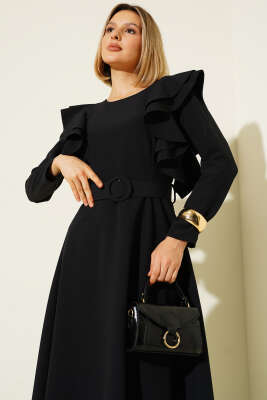 Omuz Volanlı Kemerli Elbise Siyah - Thumbnail