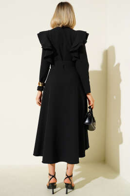 Omuz Volanlı Kemerli Elbise Siyah - Thumbnail