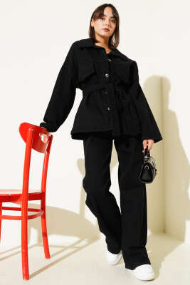 Pazarium - Kuşaklı Kot Ceketli Kot İkili Takım Siyah