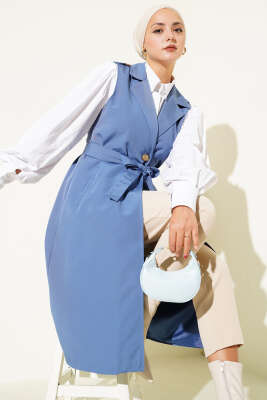 Pazarium - Kuşaklı Sıfır Kol Trençkot İndigo