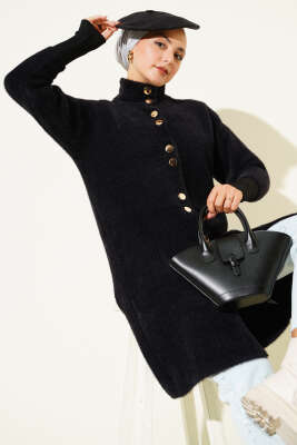 Pazarium - Metal Düğmeli Sakallı Hırka Siyah