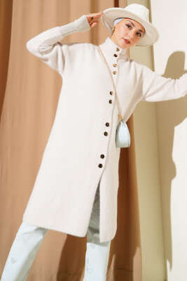 Pazarium - Metal Düğmeli Sakallı Hırka Taş