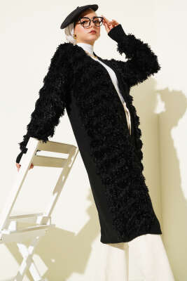 Pazarium - Saçaklı Triko Hırka Siyah