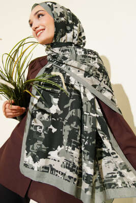 Pazarium - Kamuflaj Desenli Bambu Kraş Şal Siyah Taş -13