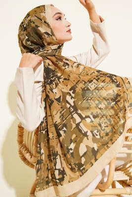 Pazarium - Kamuflaj Desenli Bambu Kraş Şal Latte -14