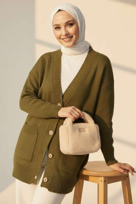 Pazarium - Çift Cepli Düğmeli Triko Hırka Haki