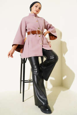 Pazarium - Gold Düğmeli Kaşe Panço Pudra