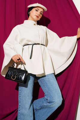 Pazarium - İnce Kemer Detaylı Kaşe Panço Taş