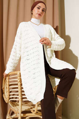 Örgü Desen Detaylı Triko Hırka Ekru - Thumbnail