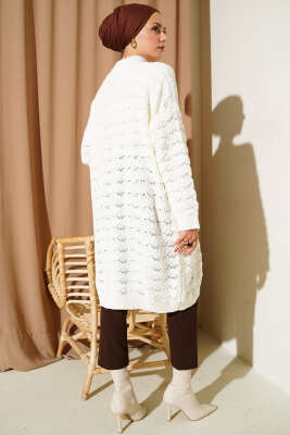 Örgü Desen Detaylı Triko Hırka Ekru - Thumbnail