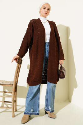 Örgü Desen Detaylı Triko Hırka Kahve - Thumbnail