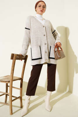 Cepli Gold Düğmeli Triko Hırka Kum Bej - Thumbnail