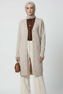 Pazarium - Kol Düğme Detaylı Triko Hırka Taş