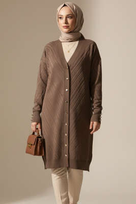 Pazarium - Kol Düğme Detaylı Triko Hırka Vizon