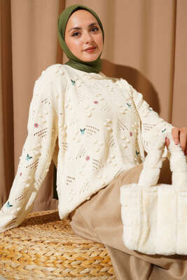 Kol Bağcıklı Çiçek Nakışlı Triko Kazak Bej - Thumbnail