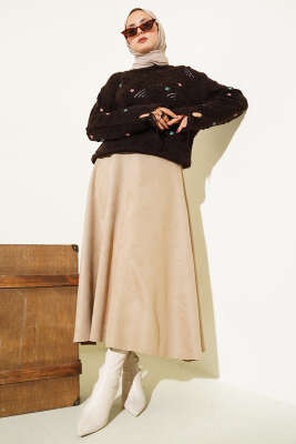 Kol Bağcıklı Çiçek Nakışlı Triko Kazak Kahve - Thumbnail