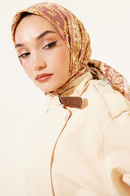 Arya Otantik Desenli Eşarp Soft Kahve - Thumbnail