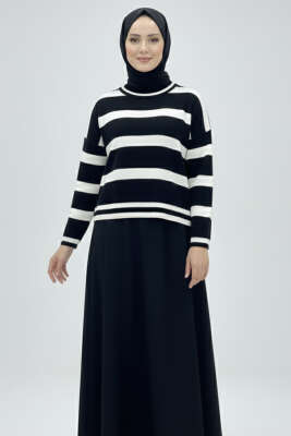 Pazarium - Yatay Çizgi Detaylı Kısa Triko Kazak Siyah