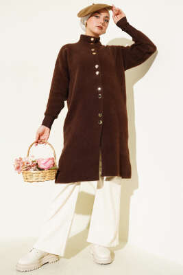 Pazarium - Metal Düğmeli Sakallı Hırka Kahve