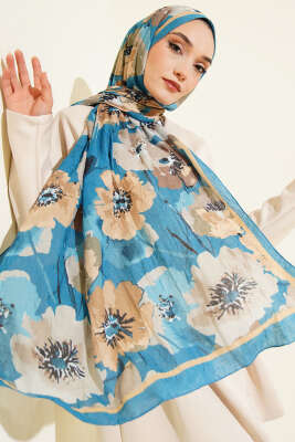 Pazarium - Çiçek Desenli Soft Bambu Kraş Şal Mavi