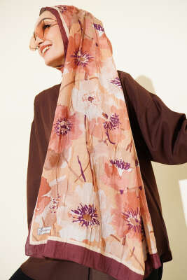 Pazarium - Çiçek Desenli Soft Bambu Kraş Şal Kahve