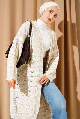 Pazarium - Örgü Desen Detaylı Triko Hırka Bej