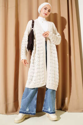 Örgü Desen Detaylı Triko Hırka Bej - Thumbnail